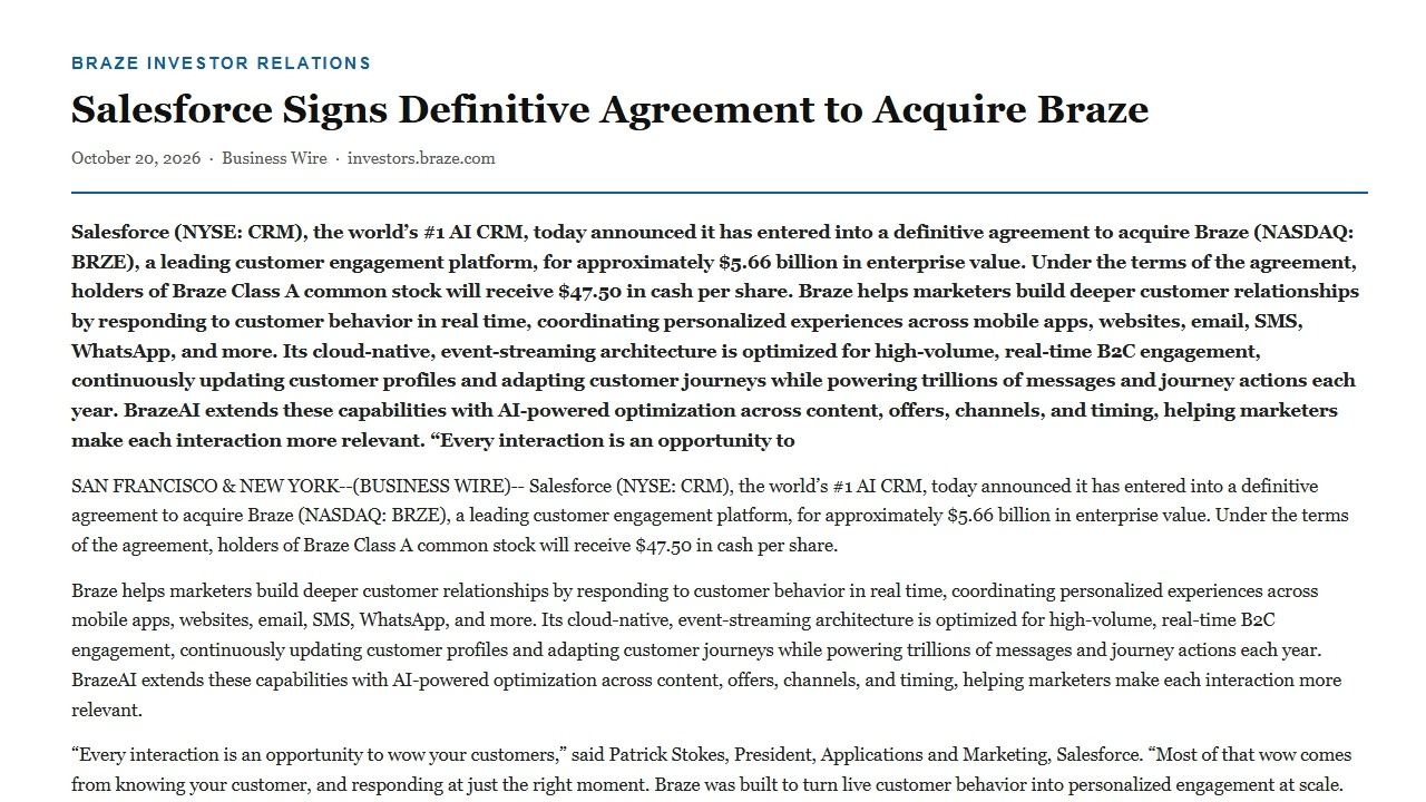 Salesforce56.6亿美元收购Braze,溢价58%为Agentforce购入实时营销引擎