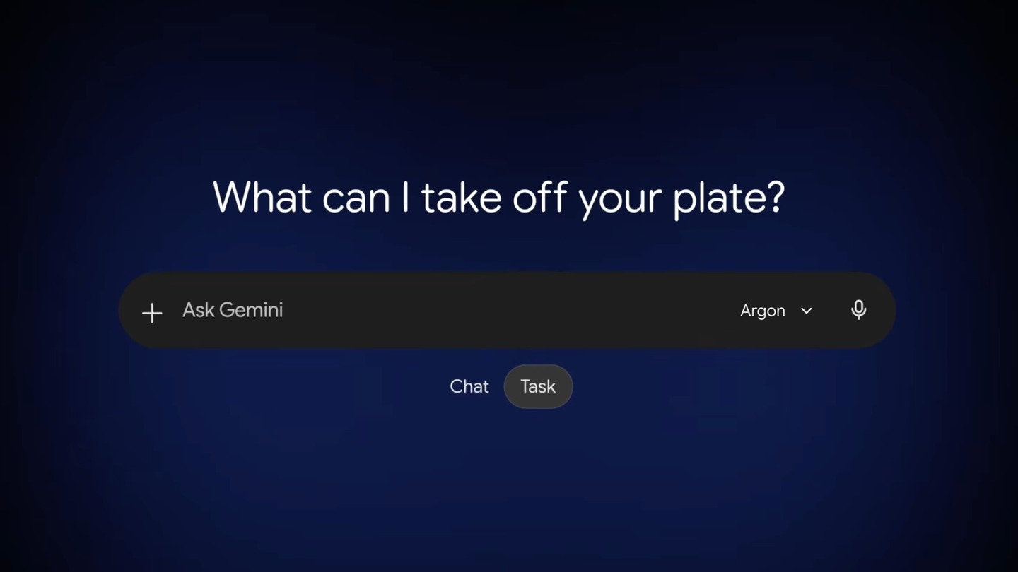 谷歌官方展示的Gemini任务界面,模型选择与聊天、任务切换入口并列呈现;来源:谷歌官方产品图。